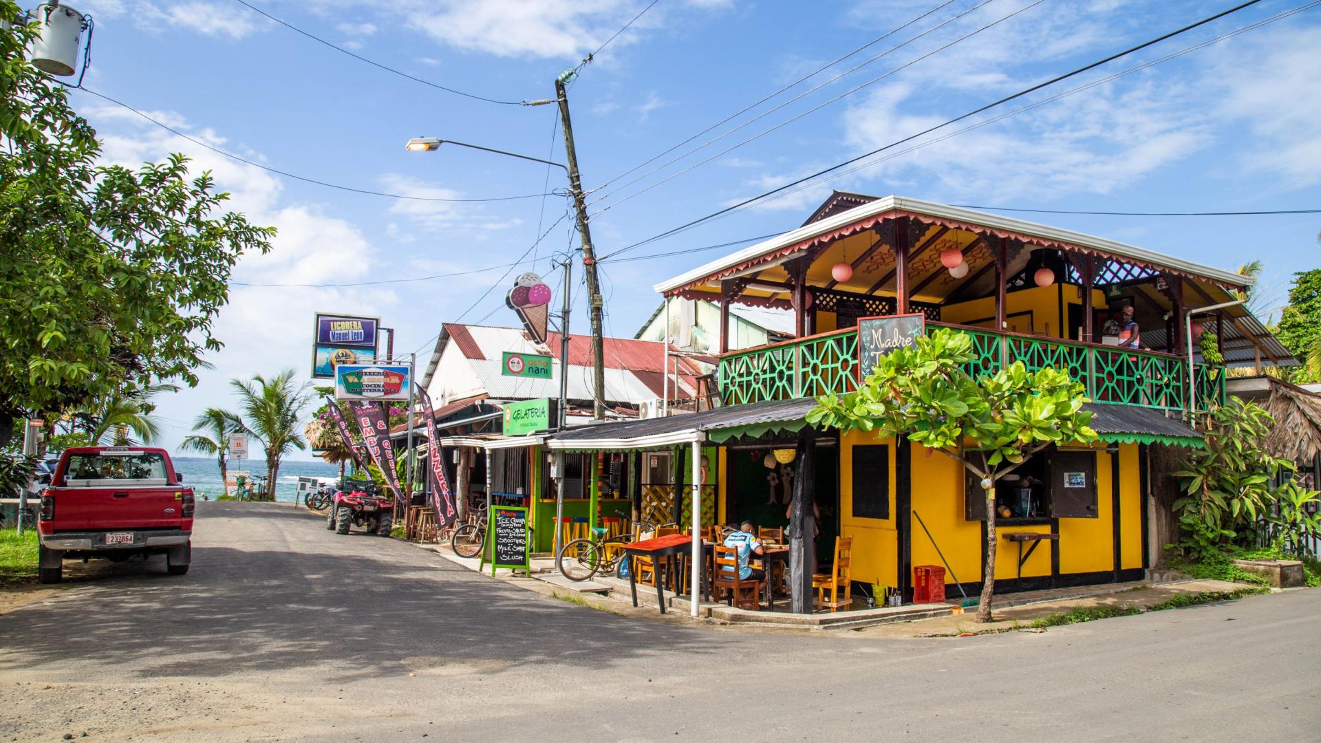 A colourful street with colourful houses in the caribbean Costa Rica